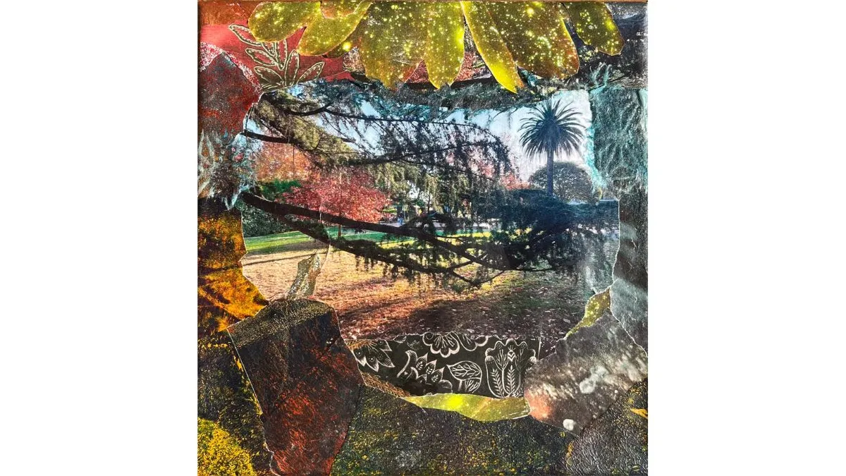 Collage of a park scene framed by layered metallic and patterned papers. A central photograph shows tree branches, lawn and a tall palm-like tree, surrounded by textured gold, black and silver shapes.