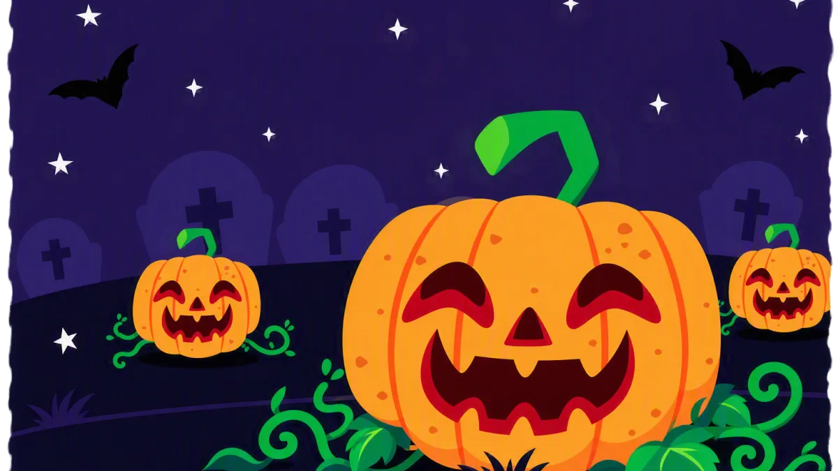 Halloween-themed illustration featuring three smiling carved pumpkins in a moonlit graveyard with stars and bats against a purple night sky.