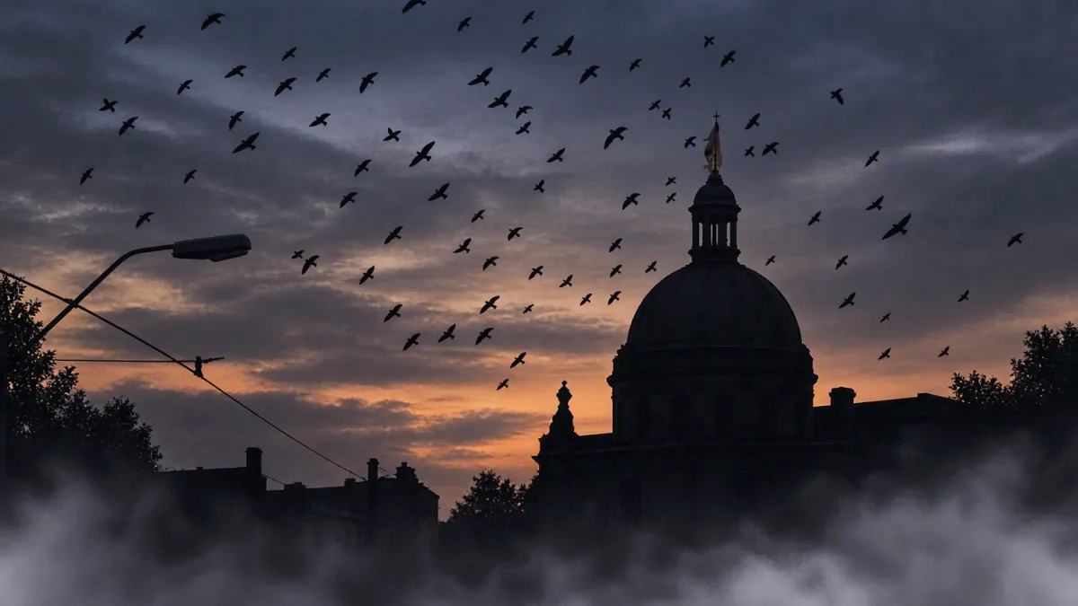 Historic dome surrounded by mist with bats flying across the evening sky.