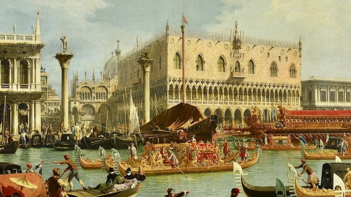 Renaissance oil painting of Venice palazzo and canals with gondolas