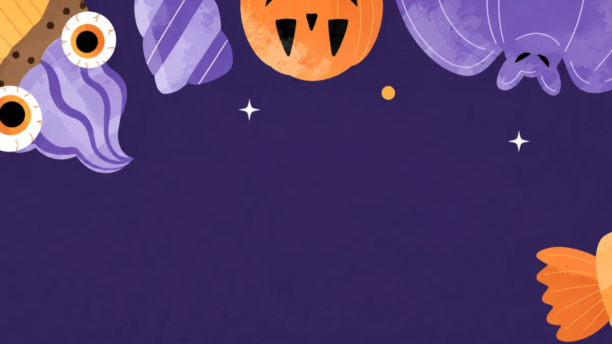 Halloween-themed purple banner with pumpkins, a bat, eyeballs and playful spooky decorations.