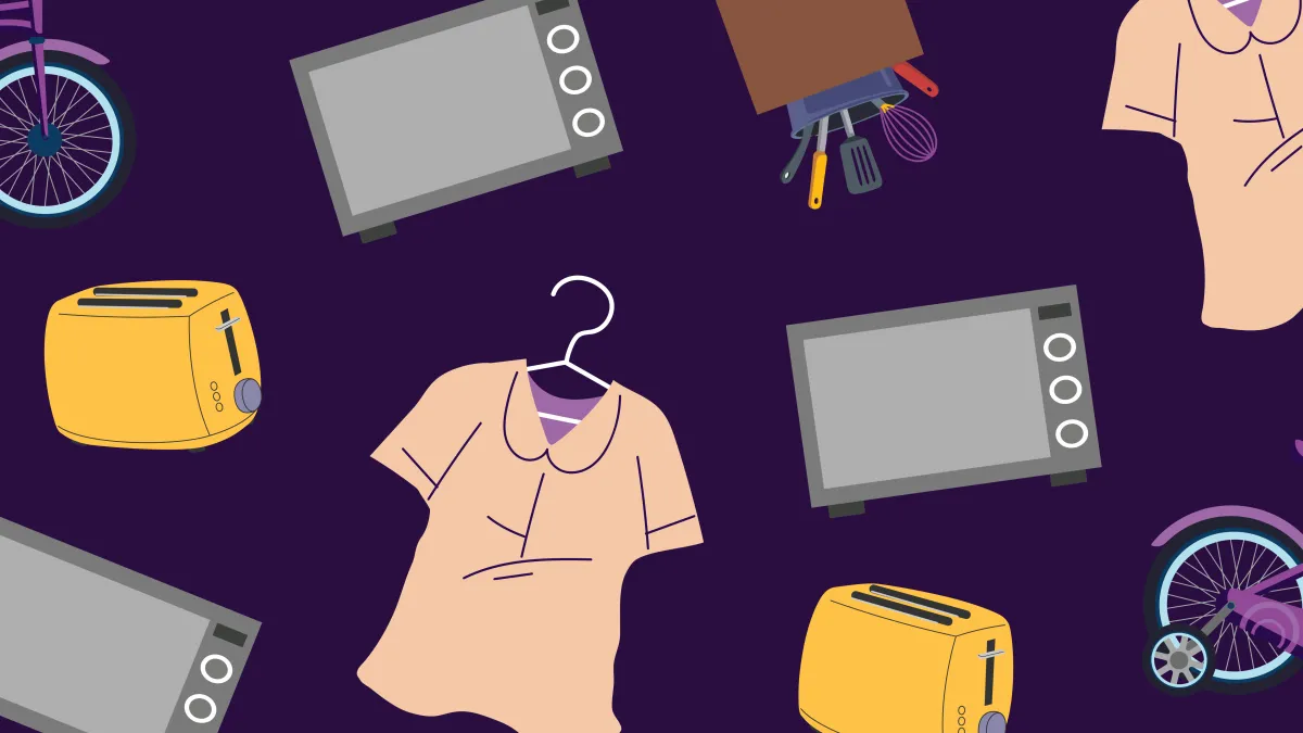 Tshirts, microwaves, toasters, bikes and kitchen utensils floating against a dark purple background.