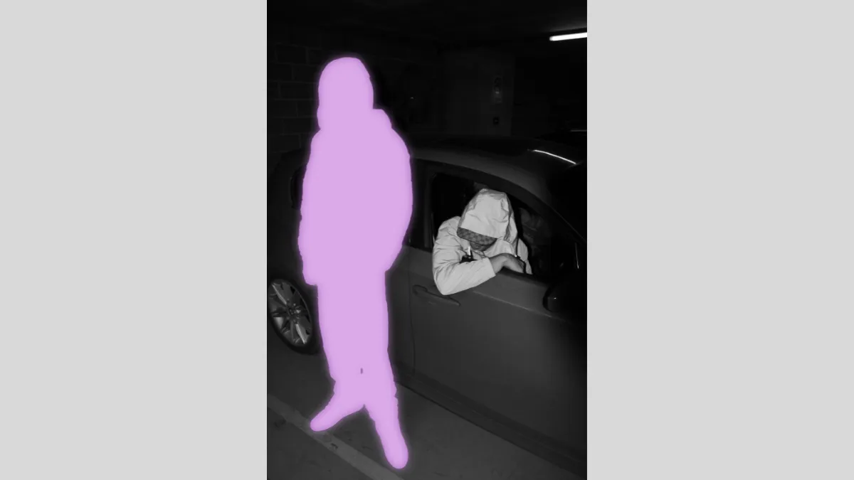 Black and white image of someone with their head out a car window and a person standing up digitally altered to be coloured in neon pink