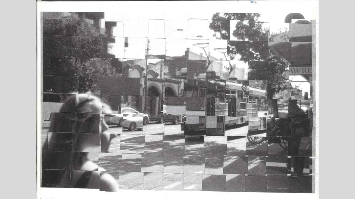 Black and white photograph of a streetscape that has been woven together