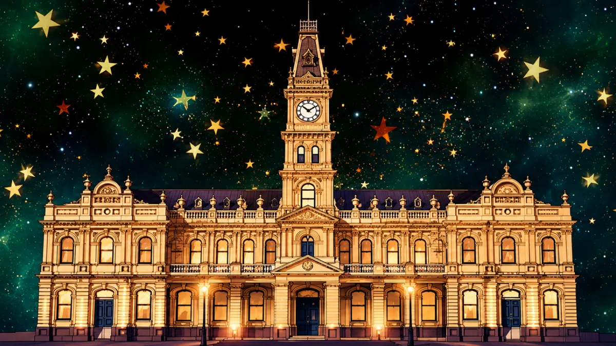 A second empire architectural style building with a clock tower above the central entry, and alternative entires at either end. The building is two storeys, withe the clock tower reaching up to 5.