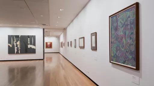 Paintings hanging in the Town Hall Gallery as part of the exhibition Dialect, in 2016