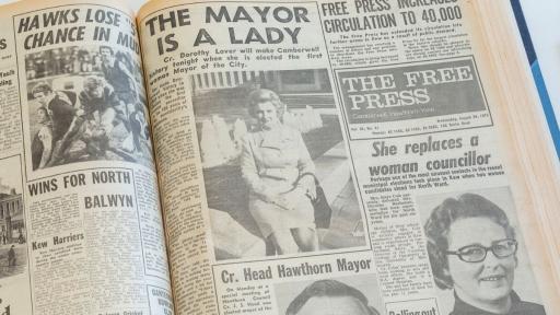 An old newspaper with an article titled 'The Mayor is a Lady'