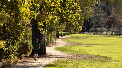 A jogger runs along a path in a park with trees on his left and a playing field to his right. 