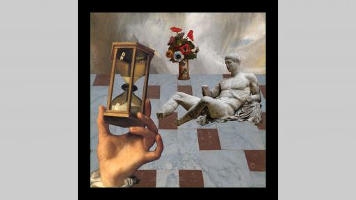 Digital collage of Renaissance imagery, including a marble statue, a hand holding a sand timer and a vase of flowers, all placed on a marble tiled floor.