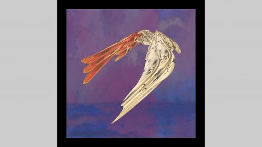 A digital collage of a bird like form made from draped fabric flies over a purple background.