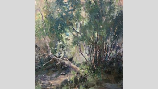 A painting by arist Joe Blundell depicting a fallen tree in Wattle Park