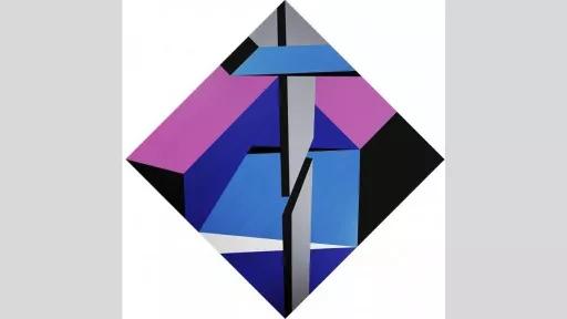 Abstract square white background with diamond shape with geometric blue pink and navy shapes.