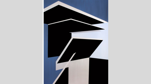 Abstract rectangle portrait view. Blue background with geometric black white and grey. Looks almost like a close up modern building.