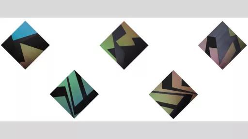 Abstract white rectangle landscape view with 5 diamond shapes with geometric colours inside