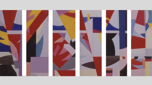 Abstract 6 thin panels separated by thin white lines. Within multicoloured shapes and tones in geometric random styles.
