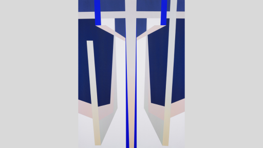 Abstract rectangle landscape view. With mirror image geometric pattern in white navy and blue. This forms a central cross in the middle.