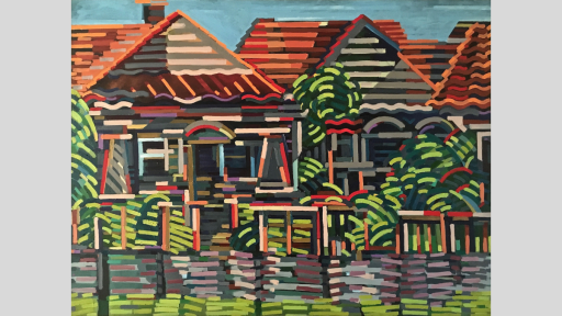 Colourful cubist painting of houses