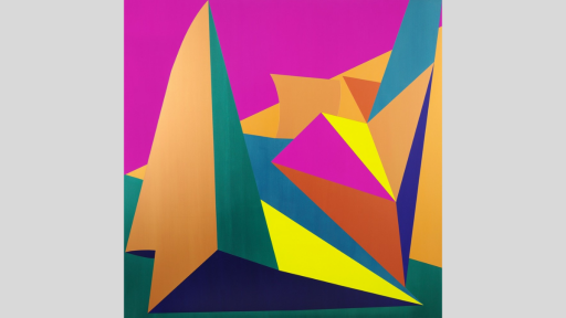 Abstract square. Big bold colours and shapes. Hot pink top. Dark bottom Orange, green sloped triangles. Almost like an extreme close up of diamond pattern.