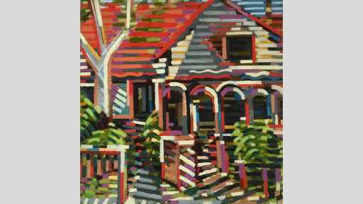 Brightly coloured painting of a house facade