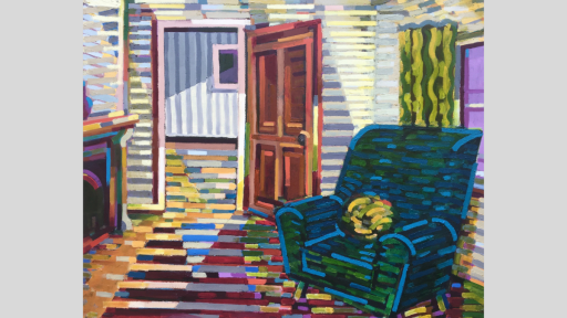 Brightly coloured painting of an armchair in a room