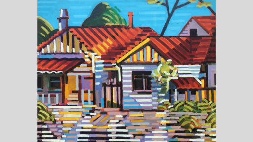 Brightly coloured painting of a Californian Bungalow house