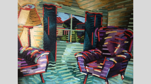 Vividly coloured painting of chairs and a lamp in a room with a view out the window to the neighbouring house