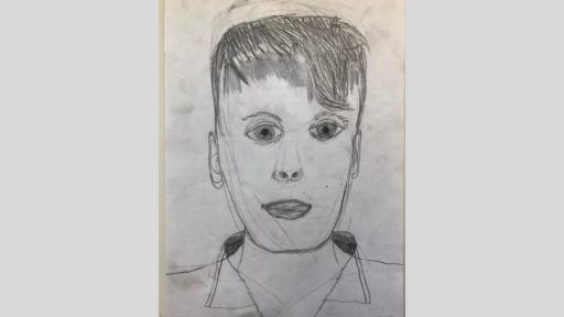 A self portrait by Archie (11 years old), created with grey lead on cartridge paper.