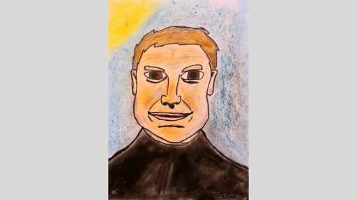 Portrait of Johann's father, with short cut hair and a black jumper. Created with chalk pastel, oil pastel and fineliner.