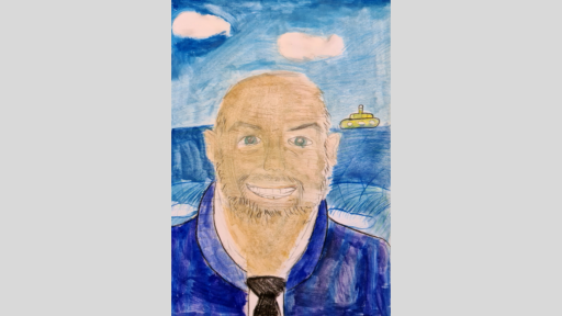Portrait by Phoenix of Gino, with the ocean in the background. Created with watercolour paint and graphite pencil.