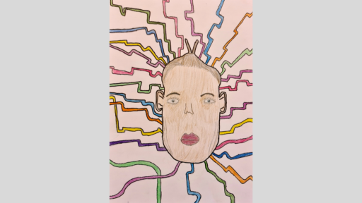 Portrait by Leo of Hamish. Hamish's head is floating in the middle of the image with streamers reaching out to the edges of the image. Created with watercolour paint and decorative paper.