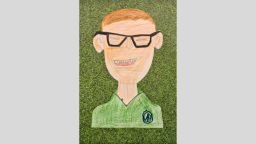 Portrait by Hamish of Leo. Hamish has glasses and is laughing.The drawing is on a back ground of grass.