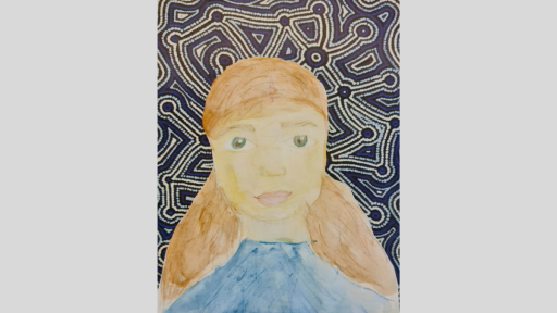 Portrait by Frankie of Millie. Millie has long hair and the background is made of circles and lines.