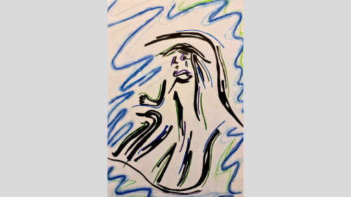 Drawing of a figure, slightly abstracted, surrounded by squiggly lines.
