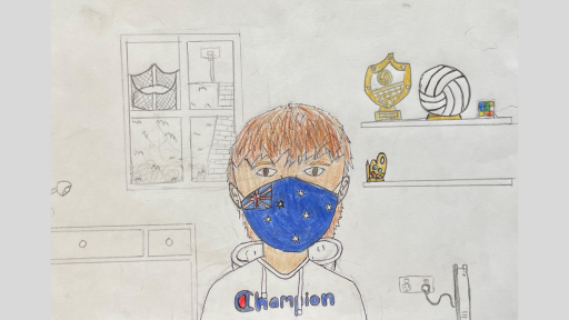 A drawing of a child wearing a mask that features the Australian flag. They are wearing a Champion jumper and in the background there is a shelf with a volleyball and a trophy, and a window through which there is a playground.