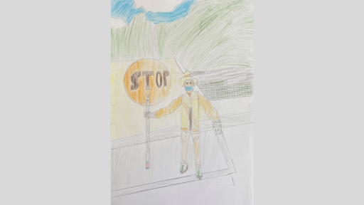 A pencil drawing of a school crossing supervisor holding a stop sign.