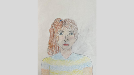 Drawing of a girl with long hair tied up in a pony tail. She is wearing a t-shirt with horizontal stripes.