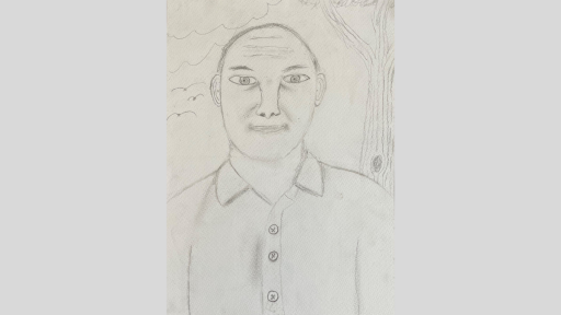Pencil drawing of Dad. He is wearing a collared shirt and has short hair. He is standing in front of a tree.