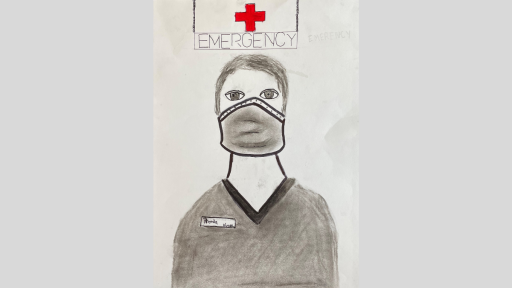 Drawing of a woman in hospital scrubs wearing a mask. She is wearing a name tag that says "Rhonda". In the background there is a sign for the emergency department.