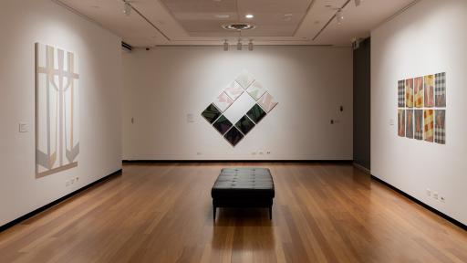 Installation view of 'Light Gestures' at Town Hall Gallery. Abstract geometric painting on the walls. 