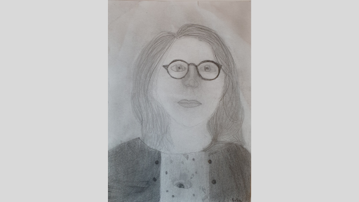 Graphite drawing of Miss Abraham. She is wearing round glasses and a cardigan.