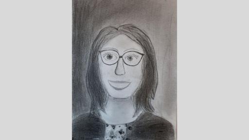 Graphite drawing of Miss Abraham. She is wearing round glasses and a cardigan and is smiling.