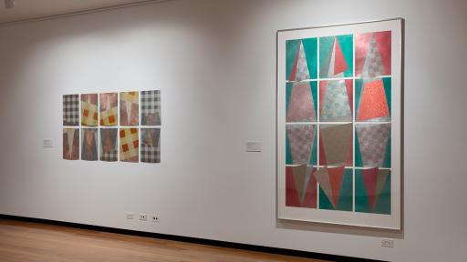Installation view of 'Light Gestures' at Town Hall Gallery. Abstract geometric painting on the wall.