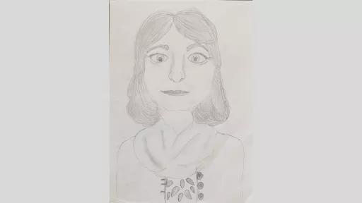 Drawing of Miss Beale. She is smiling, and wearing a scarf.