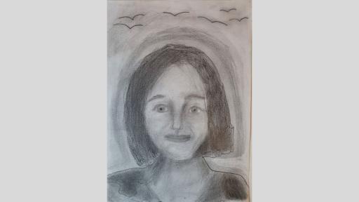 Graphite portrait of Mrs Kapetanakis. She has short hair and is smiling. There are birds flying in the background.