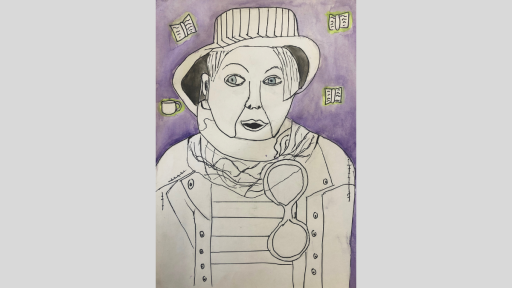 Marker drawing of Babcia. They are rugged up, wearing a jacket, scarf and hat. There are big round glasses hanging from the scarf. Books are flying in the background.