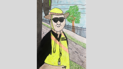 pencil drawing of school crossing supervisor Allan. He is wearing a hat and sunglasses. He has a whistle around his neck. Allan is smiling. In the background is a road, fence and tree.