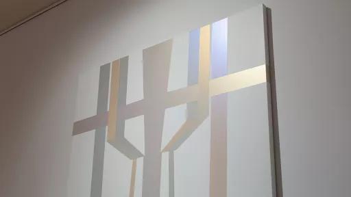 Detail of painting in 'Light Gestures: Samara Adamson- Pinczewski'. Painting has sharp lines and angles.
