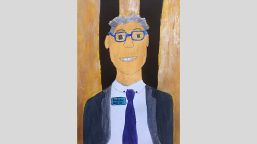 Painting of Andrew Searle. He is wearing a suit, tie and glasses, and is smiling.