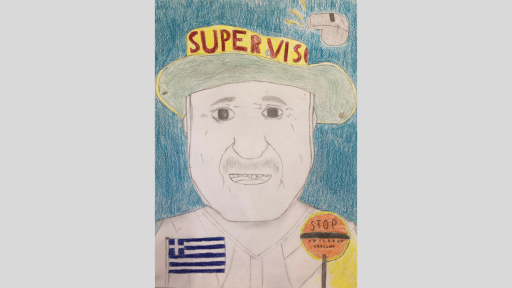 Drawing of Con, a school crossing supervisor. He is wearing his supervisor hat and is smiling.