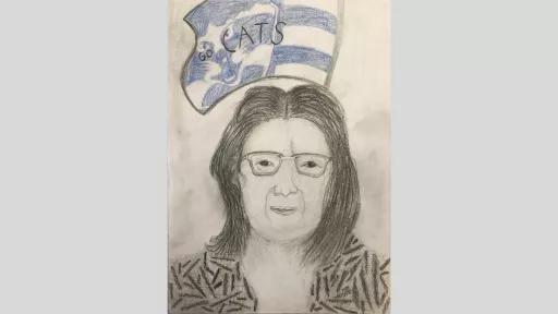 Drawing of Janice Miller. She has short hair and is wearing glasses. Behind her is Geelong Cats flag.